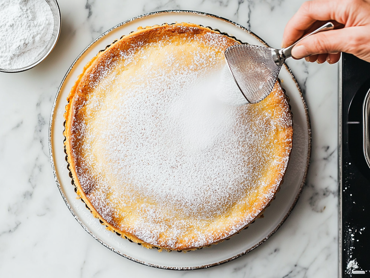 A finished cake on a serving platter as powdered sugar is being dusted over its golden surface. A small sieve and powdered sugar bowl sit on the white marble cooktop.