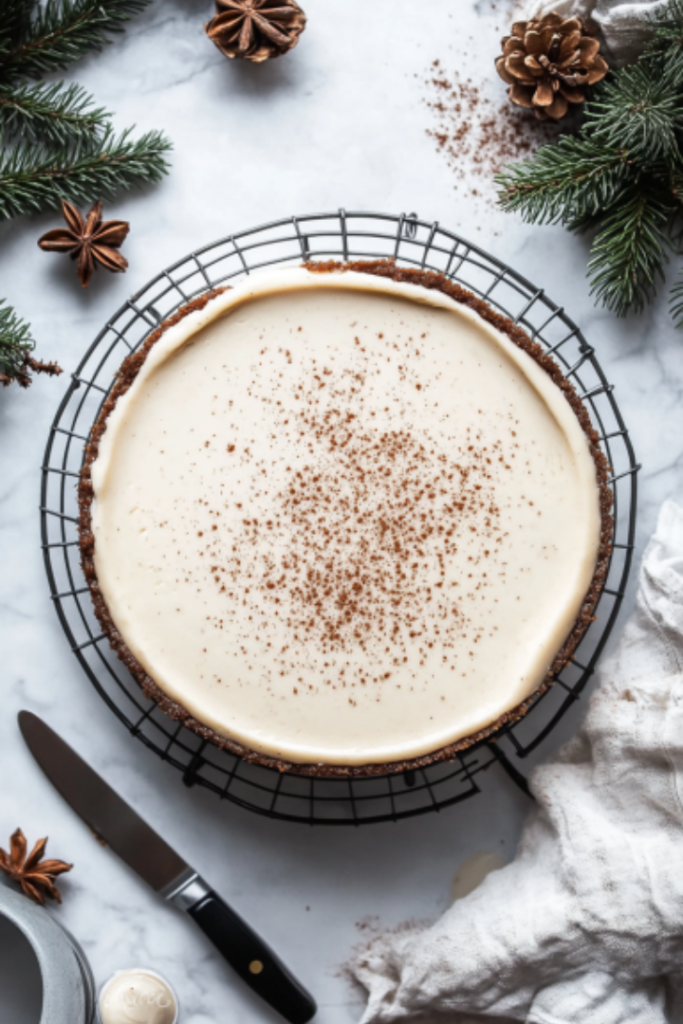 The baked cheesecake cooling on a wire rack with a smooth, slightly jiggly center. A festive touch of ground nutmeg is sprinkled on top, with a serving knife placed beside it