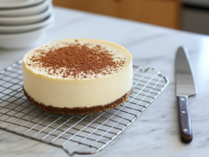 The baked cheesecake cooling on a wire rack with a smooth, slightly jiggly center. A festive touch of ground nutmeg is sprinkled on top, with a serving knife placed beside it