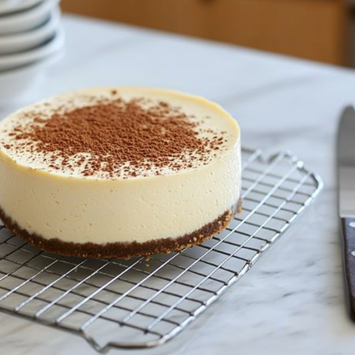 The baked cheesecake cooling on a wire rack with a smooth, slightly jiggly center. A festive touch of ground nutmeg is sprinkled on top, with a serving knife placed beside it