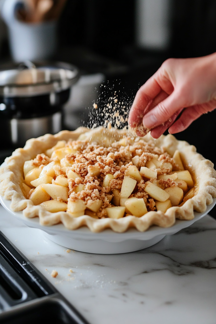 The 9-inch pie crust on the white marble cooktop is filled with the prepared apple mixture, slightly mounded in the center. A hand sprinkles the chilled crumb topping over the apples, breaking it into large pieces for even coverage.