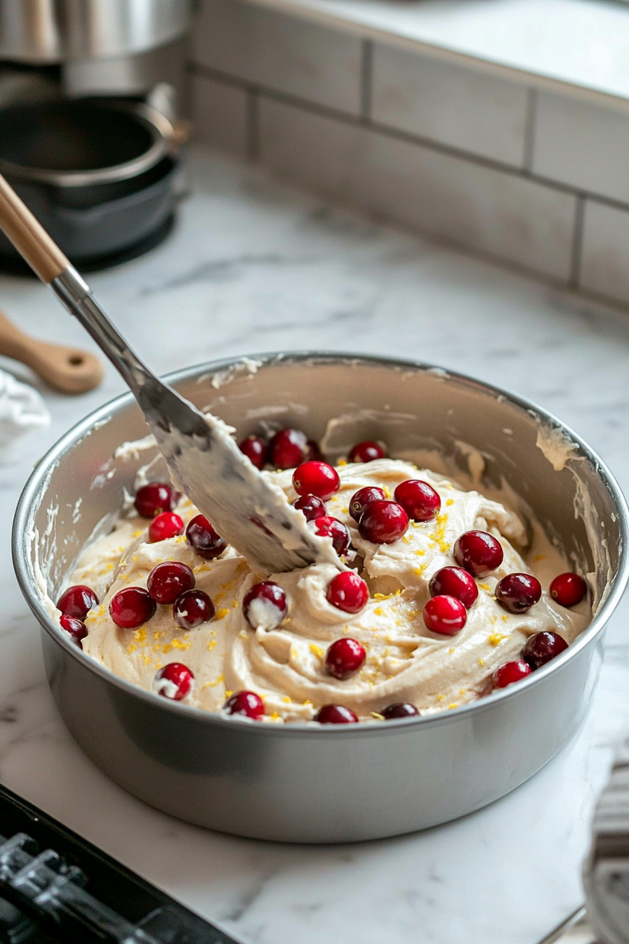 Smooth batter being poured into a greased Bundt pan on the white marble cooktop. Cranberries and zest are evenly distributed, and a spatula smooths the surface of the batter.