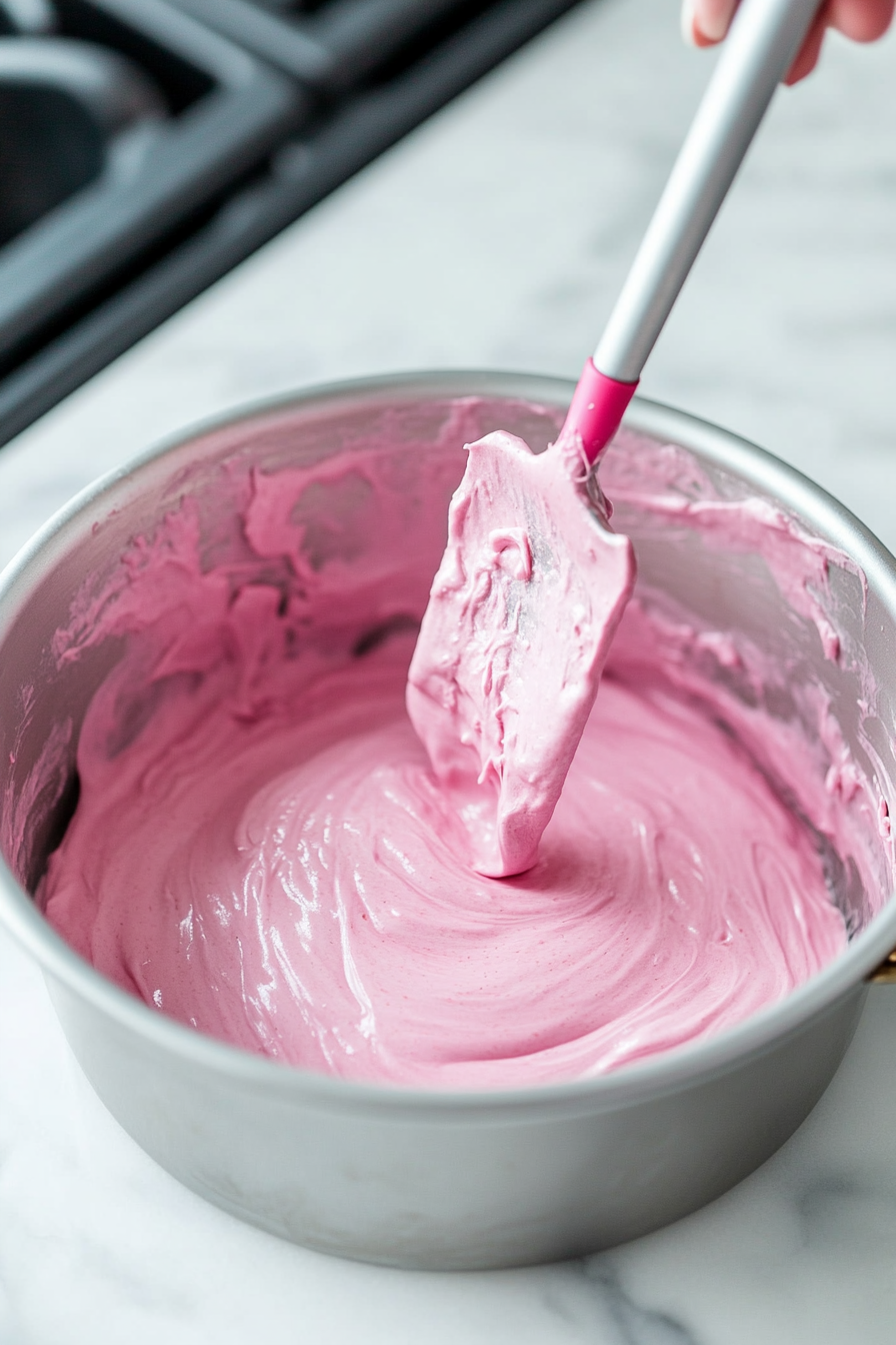 A Bundt pan on the white marble cooktop being filled with smooth, pink-hued batter. A spatula is spreading the batter evenly.