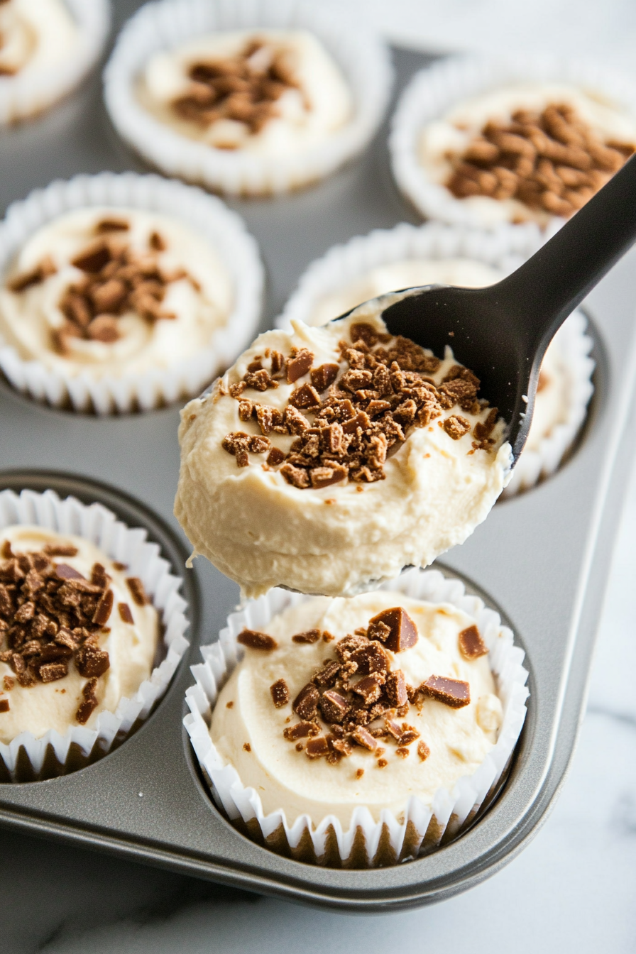 The cupcake pan on the white marble cooktop is being filled with creamy cheesecake batter mixed with chopped Rolos. The batter is spooned evenly into the paper liners, nearly filling them to the top.