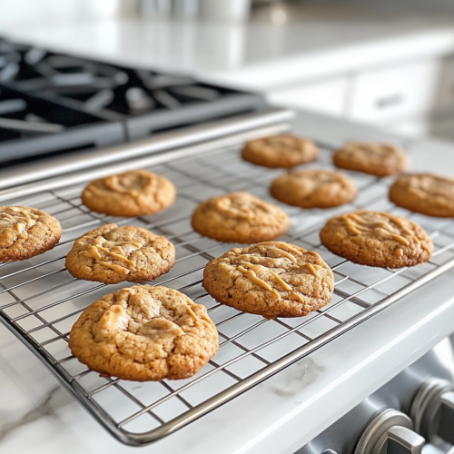 Cookies cool on a wire rack placed on the white marble cooktop. Their glossy tops and firm edges indicate they are perfectly baked and ready to enjoy.