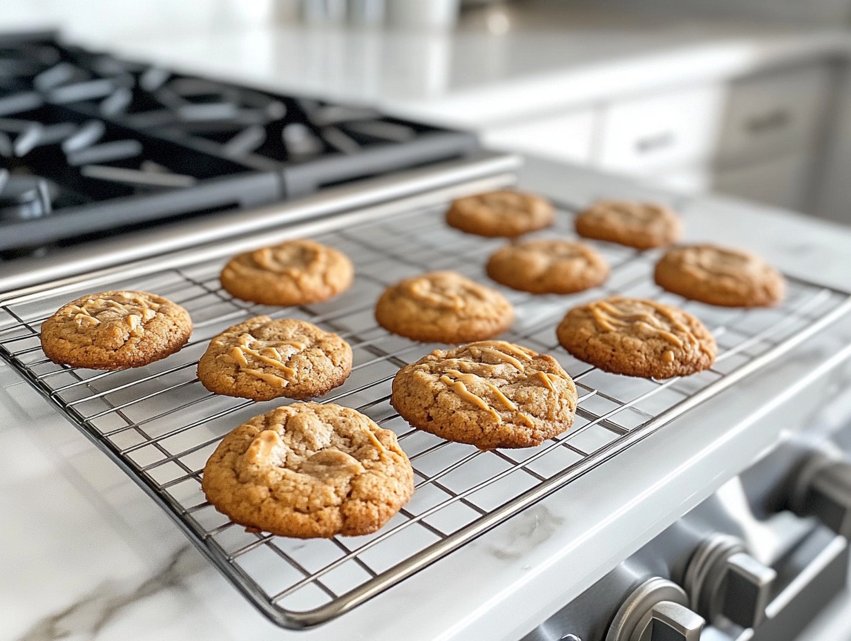 Cookies cool on a wire rack placed on the white marble cooktop. Their glossy tops and firm edges indicate they are perfectly baked and ready to enjoy.