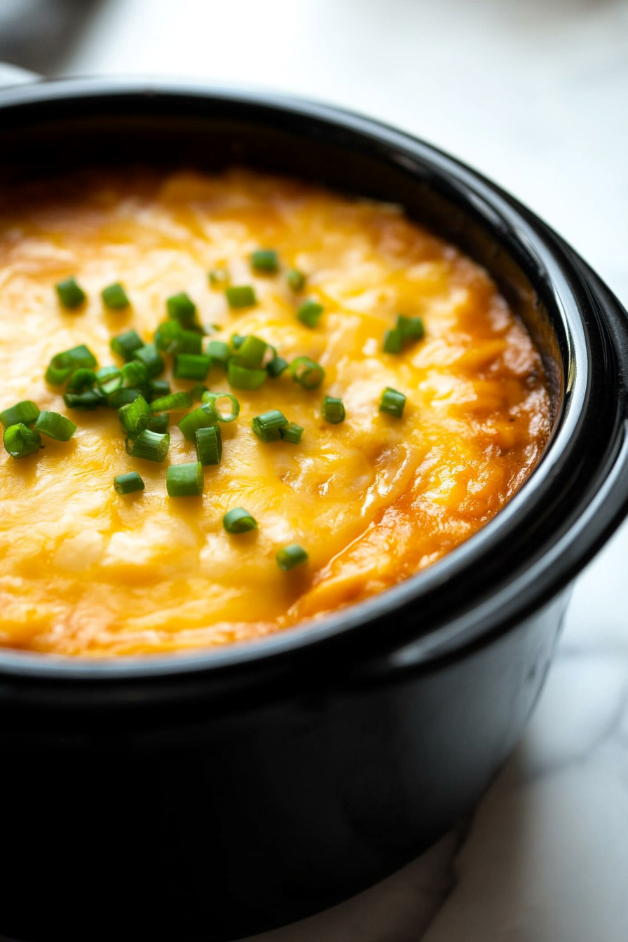 Close-up shot of a shiny black crockpot on the white marble cooktop, now covered with its lid again. The cheese on top is visibly melting into the hot and bubbling potato mixture, forming a rich, golden layer.