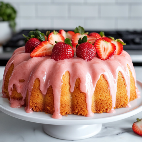 The finished strawberry pound cake on a white serving plate placed on the white marble cooktop, garnished with fresh strawberries and ready to serve.