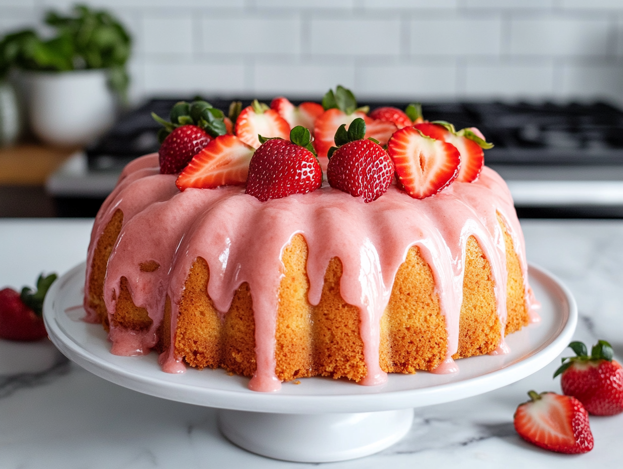 The finished strawberry pound cake on a white serving plate placed on the white marble cooktop, garnished with fresh strawberries and ready to serve.