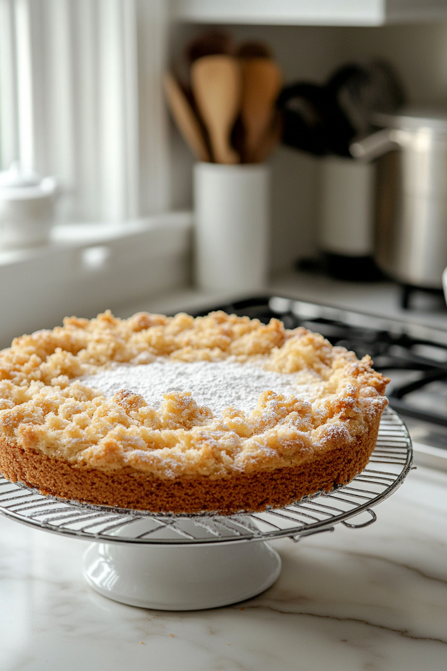 The finished cake cooling slightly on a wire rack, with confectioner’s sugar being dusted on top. A serving of the cake is plated with a drizzle of chilled custard sauce.