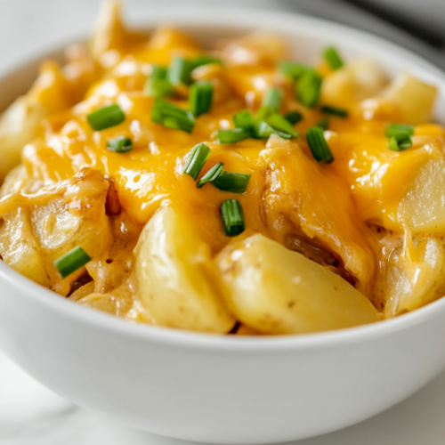 Close-up shot of a white ceramic serving bowl placed on the white marble cooktop, filled with creamy, golden, cheesy potatoes. The melted cheddar cheese on top glistens, with hints of diced potatoes and onions visible beneath. The dish looks rich, warm, and ready to be enjoyed.