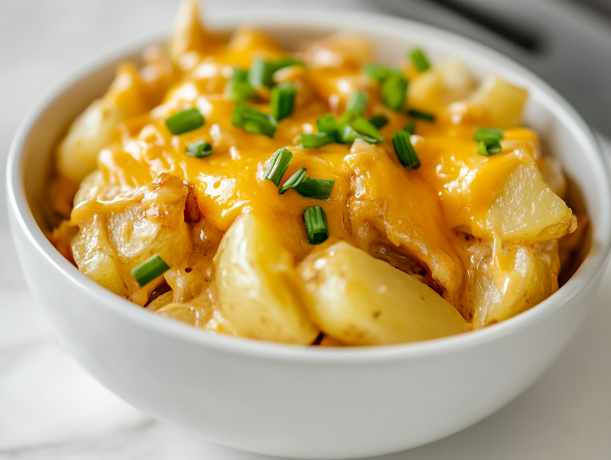 Close-up shot of a white ceramic serving bowl placed on the white marble cooktop, filled with creamy, golden, cheesy potatoes. The melted cheddar cheese on top glistens, with hints of diced potatoes and onions visible beneath. The dish looks rich, warm, and ready to be enjoyed.