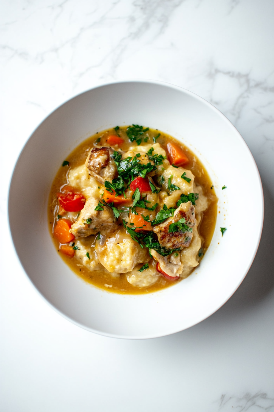 A portion of keto chicken and dumplings is served in a white bowl, showing tender chicken, colorful vegetables, and golden dumplings in a creamy broth. Garnished with parsley, the bowl is placed on the white marble cooktop for a clean, inviting presentation.