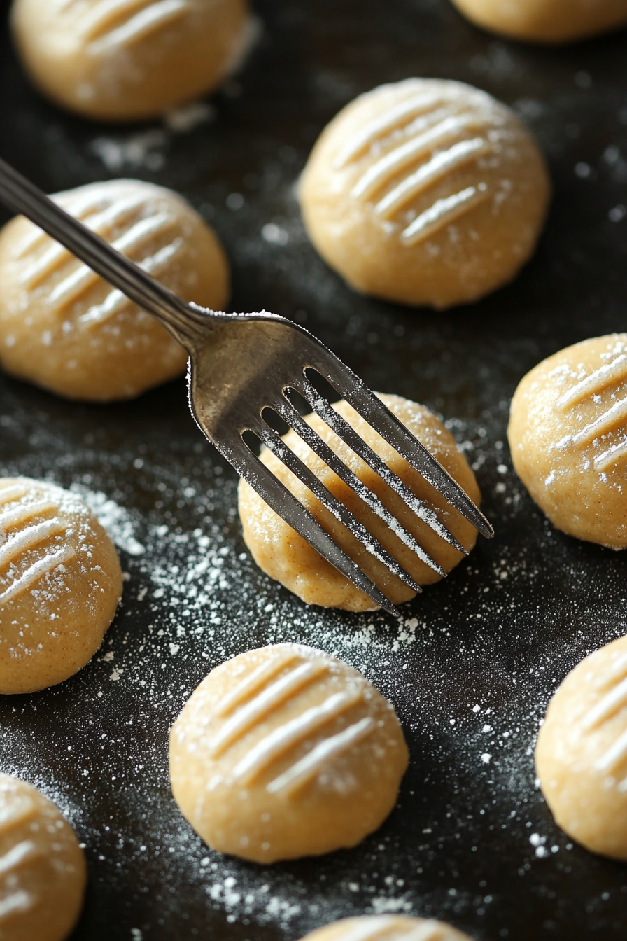 A fork is pressing down on each dough ball to create a criss-cross pattern on top. The fork is lightly dusted with sugar, and the baking sheet is filled with perfectly shaped dough balls.