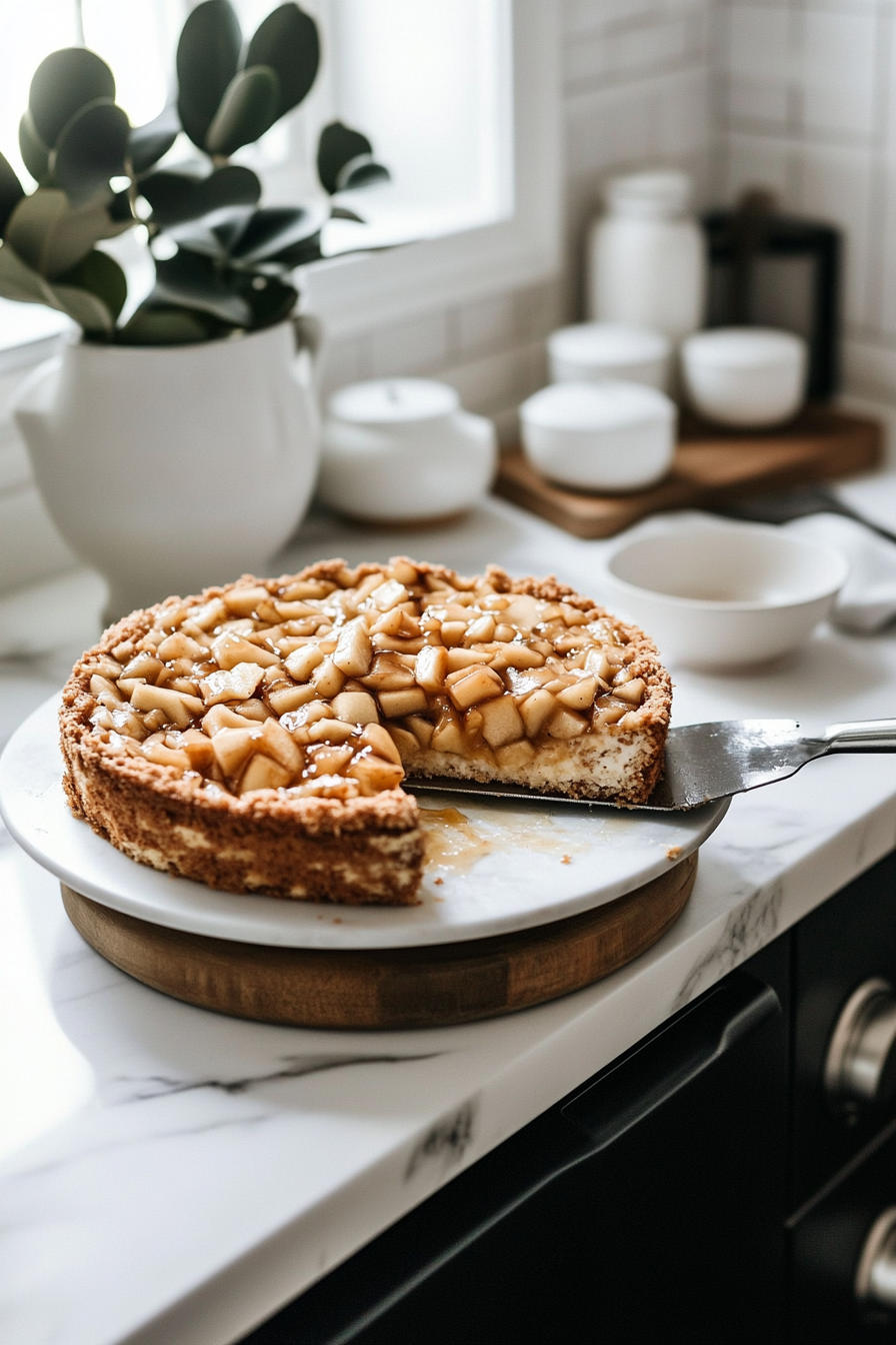 "The cake is being flipped onto a serving dish on the white marble cooktop, unveiling a caramelized apple topping. A spatula helps lift and guide the cake, and a few neatly sliced pieces are ready to serve