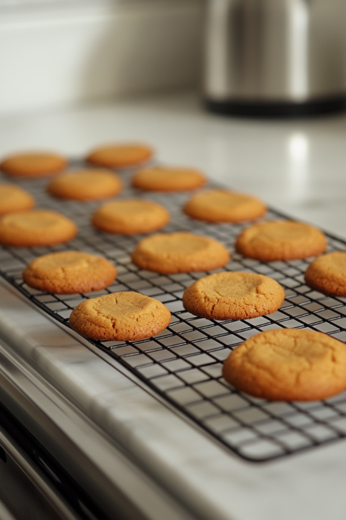 Cookies cool on a wire rack placed on the white marble cooktop. Their glossy tops and firm edges indicate they are perfectly baked and ready to enjoy.