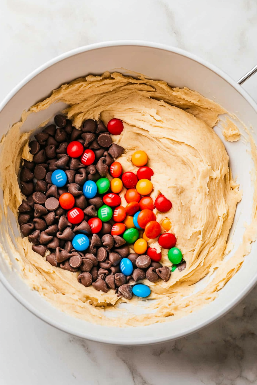 Colorful M&M's and chocolate chips are folded into the dough in a bowl on the white marble cooktop. The candy pieces and chocolate chips are evenly mixed throughout.