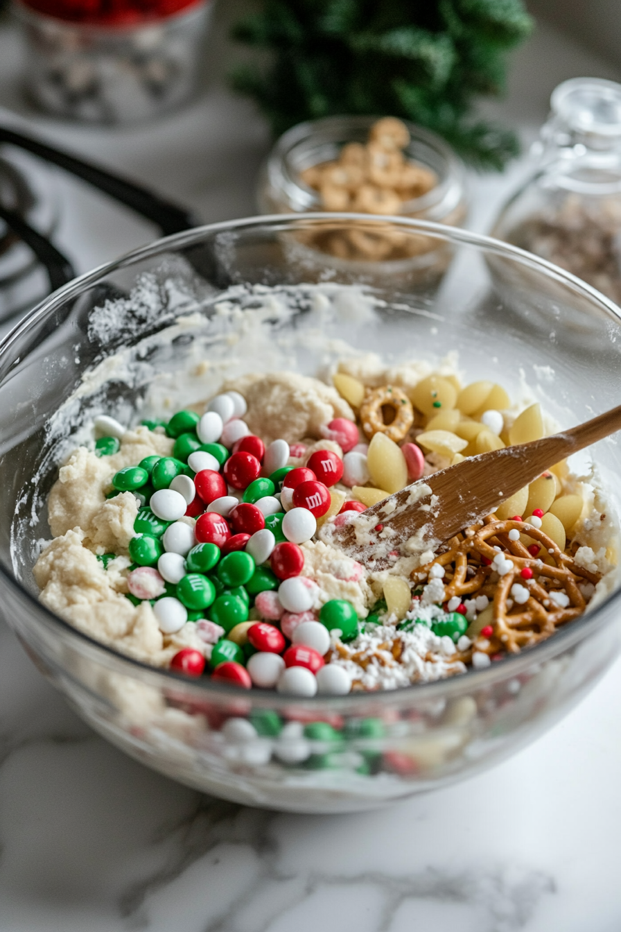 Festive red and green M&M’s, white chocolate chips, pretzel pieces, potato chips, and red and green sprinkles being folded gently into the cookie dough in the glass mixing bowl on the white marble cooktop.