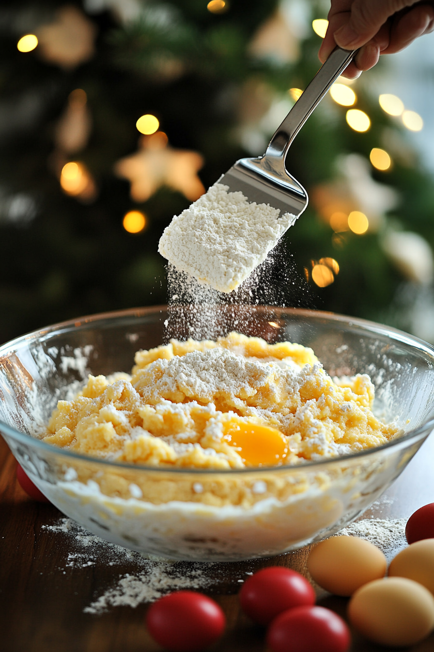 The fluffy egg mixture in a mixing bowl as flour is being sifted into it in small batches. A spatula is gently folding the mixture, with vanilla extract ready to be added.