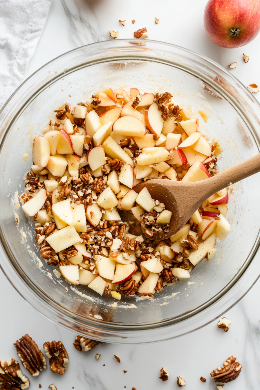 The large glass bowl on the white marble cooktop shows diced apples and chopped nuts being folded into the batter. A wooden spoon mixes the chunky batter, with apple peels and nut shells scattered nearby.