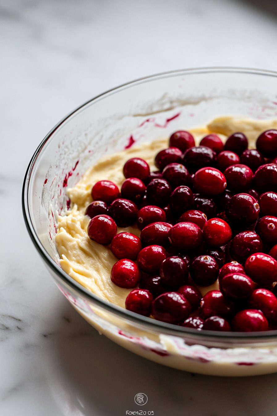 Fresh cranberries are being folded into the batter in a glass bowl on the white marble cooktop. The bright red berries contrast with the creamy batter.