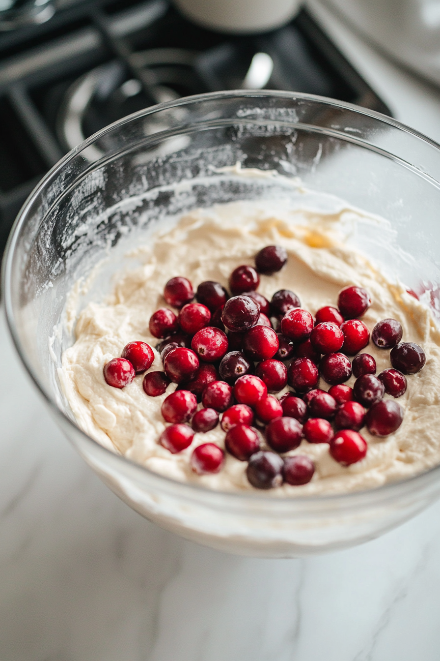 Fresh cranberries being gently folded into the cake batter in the mixing bowl. The bright red berries contrast beautifully with the creamy batter, all on the white marble cooktop.