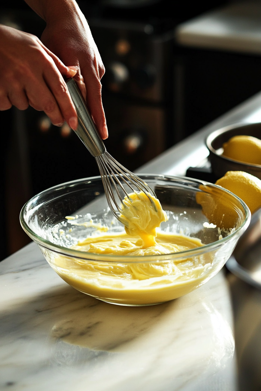 Thickened lemon gelatin is being gradually poured into the whipped evaporated milk in a glass bowl. A spatula folds the mixture gently, preserving its light and fluffy texture.