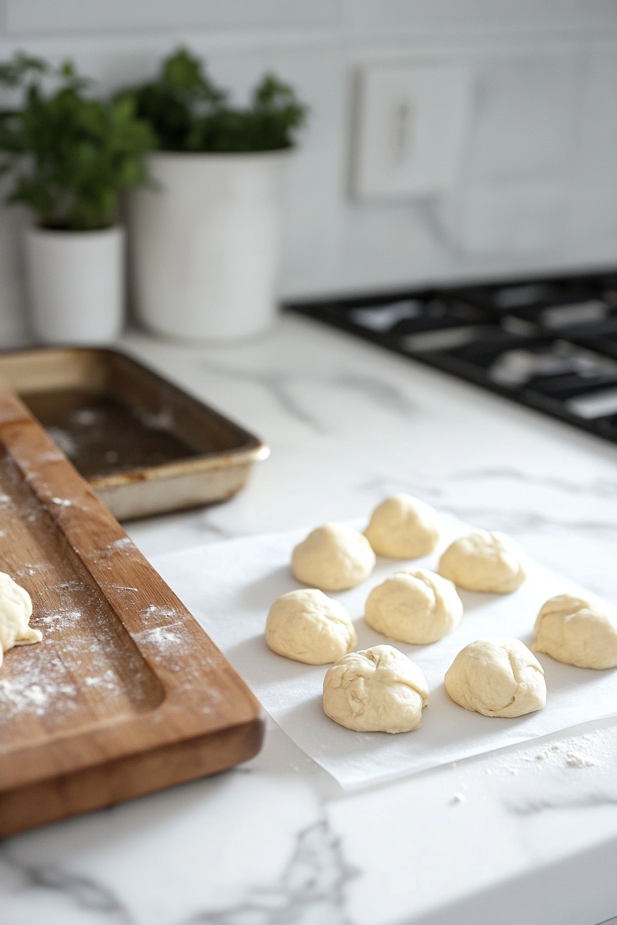 Dough balls being rolled into ping-pong-sized portions on a white marble cooktop. Some dough balls are shaped into figure 8s, ready to be placed on an ungreased cookie sheet visible nearby.