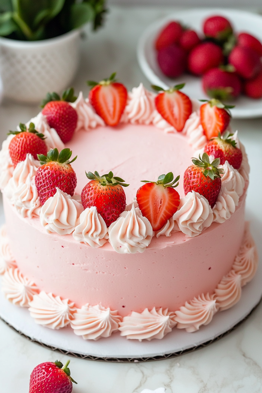 The cake on the white marble cooktop with smooth strawberry buttercream applied to the top and sides after the crumb coat has set."