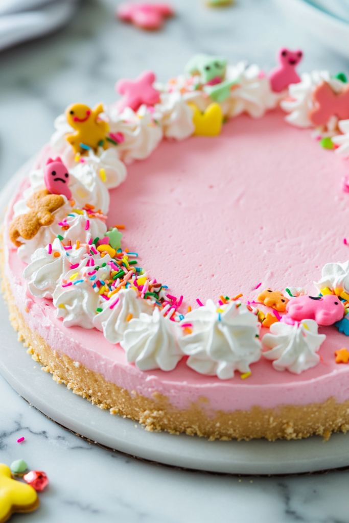 Chilled cheesecake on a white marble cooktop topped with pink ganache. Whipped cream is piped around the edges, and colorful frosted animal cookies and sprinkles are carefully arranged as a festive garnish.