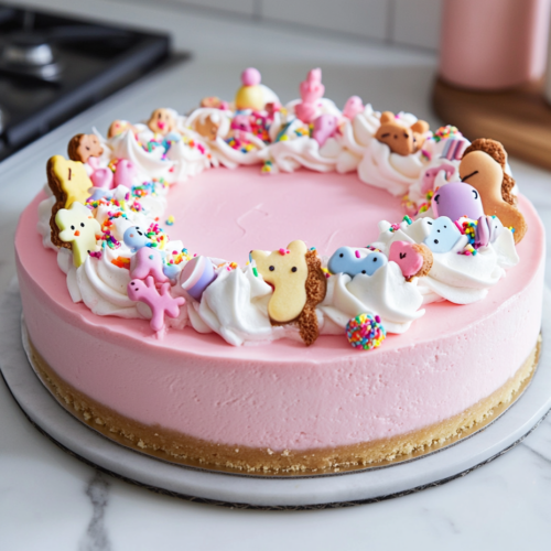 Chilled cheesecake on a white marble cooktop topped with pink ganache. Whipped cream is piped around the edges, and colorful frosted animal cookies and sprinkles are carefully arranged as a festive garnish.