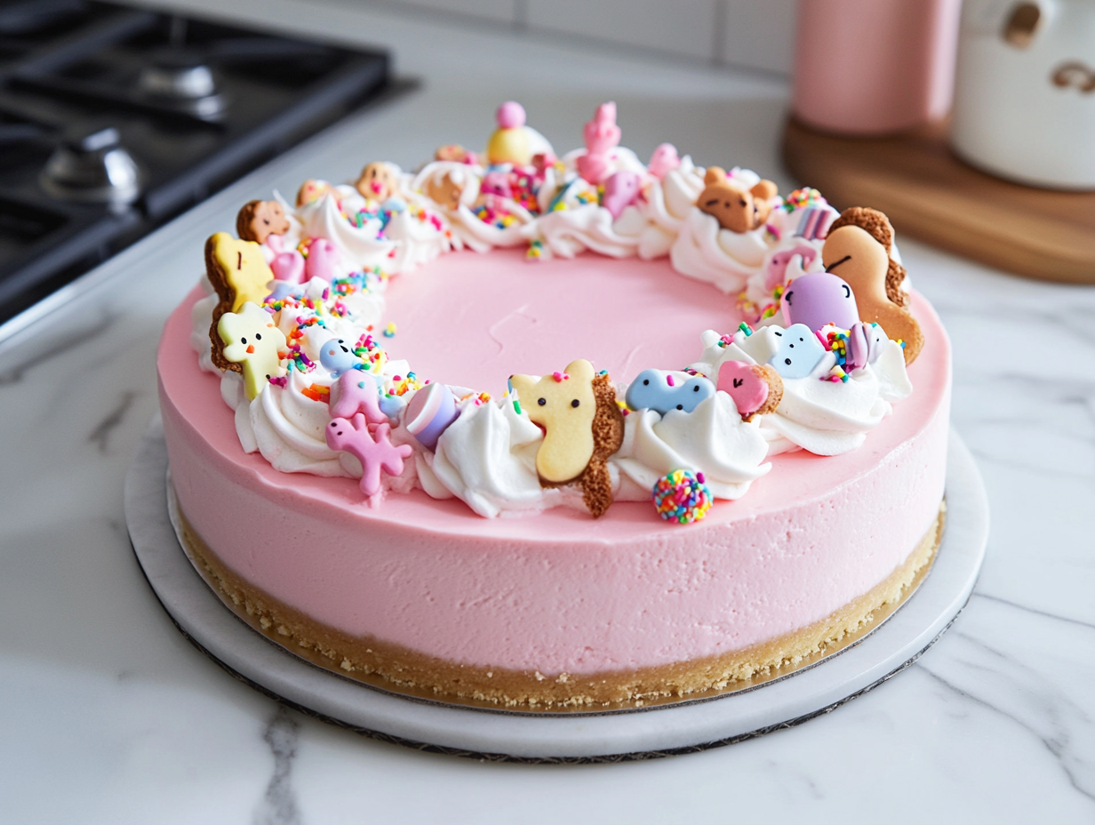 Chilled cheesecake on a white marble cooktop topped with pink ganache. Whipped cream is piped around the edges, and colorful frosted animal cookies and sprinkles are carefully arranged as a festive garnish.