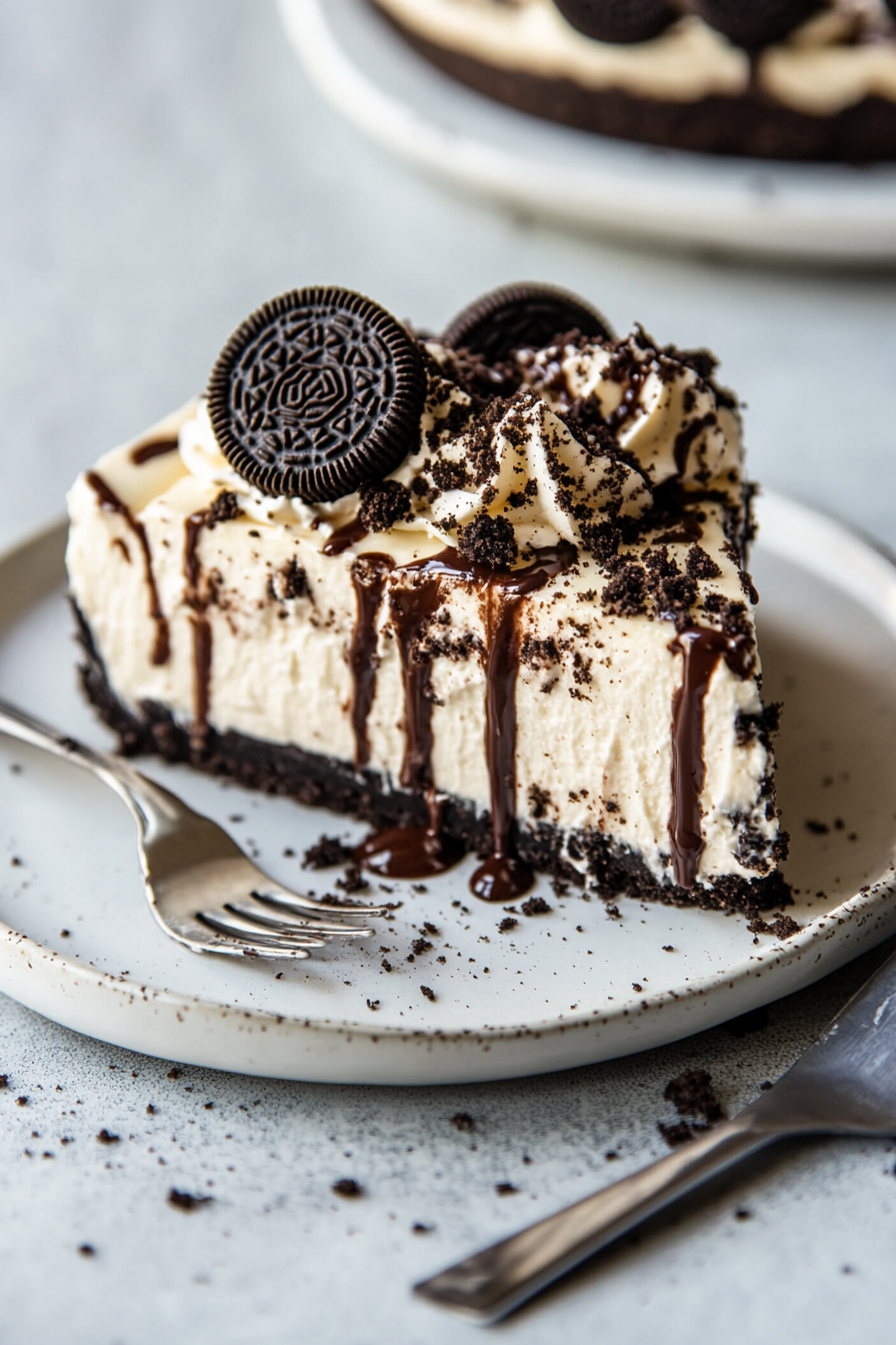 The finished Oreo cheesecake is garnished with additional crushed Oreos and optional hot fudge sauce drizzled on top. The cheesecake is placed on a dessert plate, with a fork beside it, ready to serve.