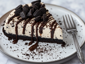 The finished Oreo cheesecake is garnished with additional crushed Oreos and optional hot fudge sauce drizzled on top. The cheesecake is placed on a dessert plate, with a fork beside it, ready to serve.