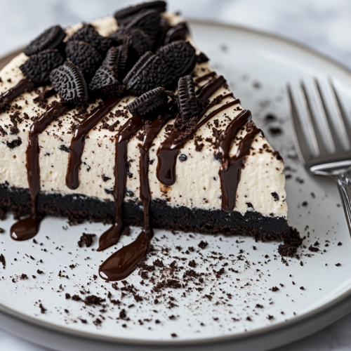 The finished Oreo cheesecake is garnished with additional crushed Oreos and optional hot fudge sauce drizzled on top. The cheesecake is placed on a dessert plate, with a fork beside it, ready to serve.