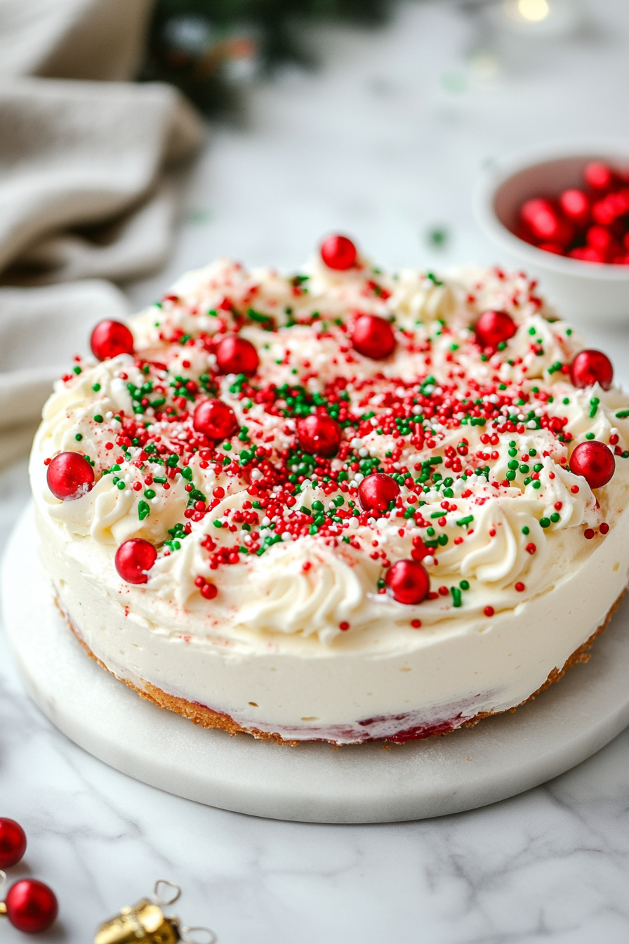 Red and green sprinkles are gently scattered over the frosted cake. A small bowl of sprinkles and a festive touch sit on the white marble cooktop.