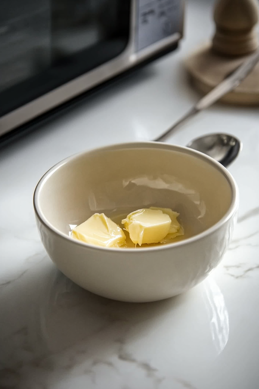 A glass bowl containing a smooth, golden batter sits on a countertop, showing melted butter, brown sugar, granulated sugar, egg, and vanilla being stirred together with a spatula under soft kitchen lighting.