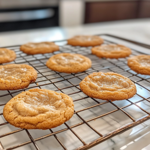 Freshly baked cookies cooling on a wire rack with the baking sheet nearby, showing the cookies cooling for 5 minutes before transferring."