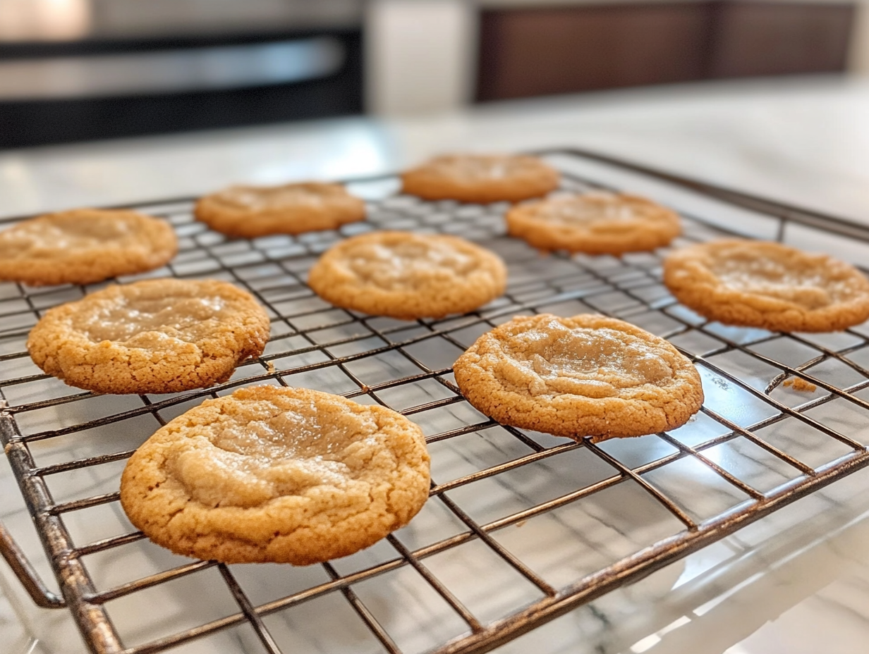 Freshly baked cookies cooling on a wire rack with the baking sheet nearby, showing the cookies cooling for 5 minutes before transferring."