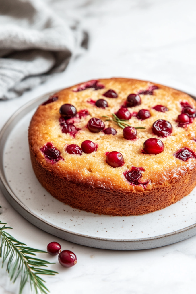 The springform pan is being carefully removed from the cake, revealing the upside-down cranberries on top. The cake rests on a plate, with the white marble cooktop as a backdrop.