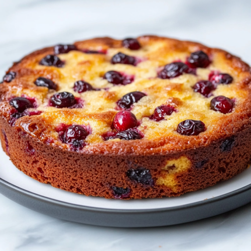 The springform pan is being carefully removed from the cake, revealing the upside-down cranberries on top. The cake rests on a plate, with the white marble cooktop as a backdrop.