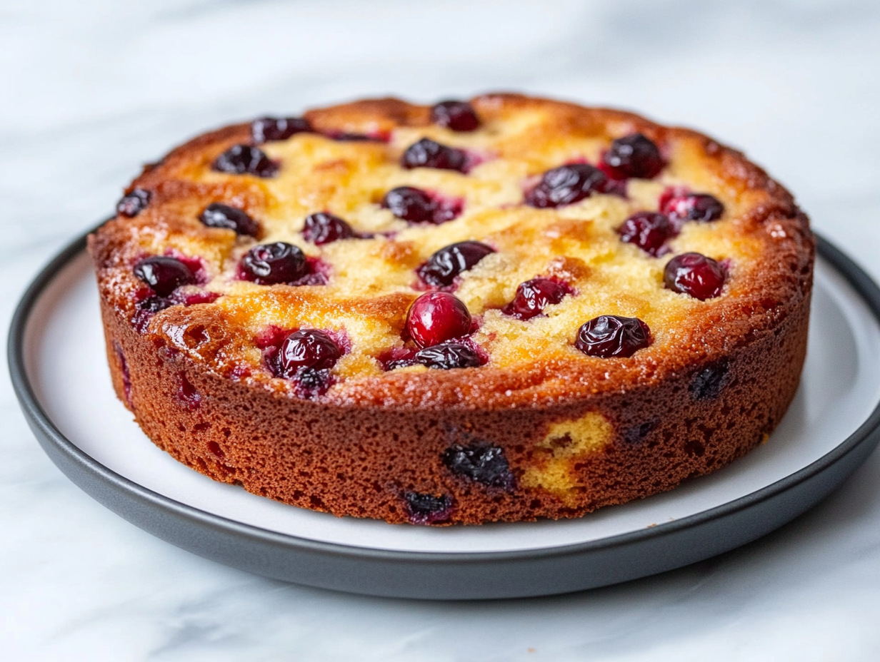 The springform pan is being carefully removed from the cake, revealing the upside-down cranberries on top. The cake rests on a plate, with the white marble cooktop as a backdrop.