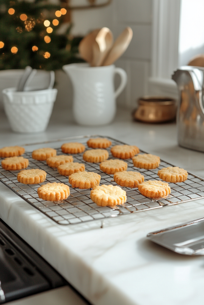 Baked cookies cool on a wire rack placed on the white marble cooktop. The cookies have golden-brown edges and soft centers, with a spatula resting nearby for easy transfer.