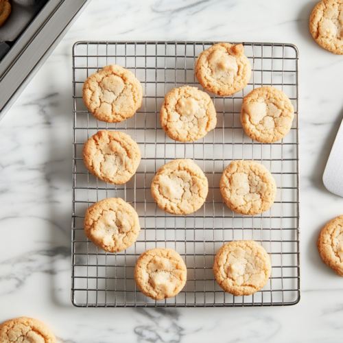 Baked cookies cool on a wire rack placed on the white marble cooktop. The cookies have golden-brown edges and soft centers, with a spatula resting nearby for easy transfer.