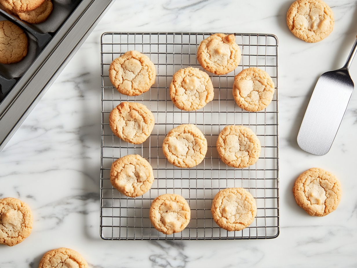 Baked cookies cool on a wire rack placed on the white marble cooktop. The cookies have golden-brown edges and soft centers, with a spatula resting nearby for easy transfer.