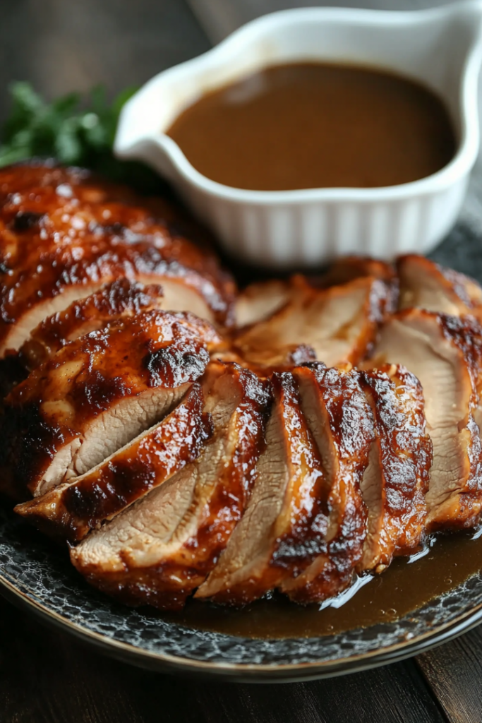 Carved slices of turkey with golden-brown skin and juicy meat are arranged on a serving plate. A rich gravy boat sits nearby, ready for drizzling.