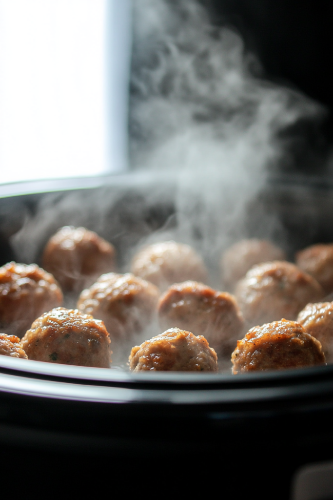 Close-up of the finished Slow Cooker Sweet and Savory Meatballs, with the meatballs glistening in the thick, shiny sauce. The dish is vibrant and appetizing, ready to be served and enjoyed.