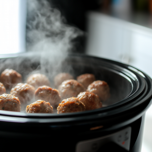 Close-up of the finished Slow Cooker Sweet and Savory Meatballs, with the meatballs glistening in the thick, shiny sauce. The dish is vibrant and appetizing, ready to be served and enjoyed.