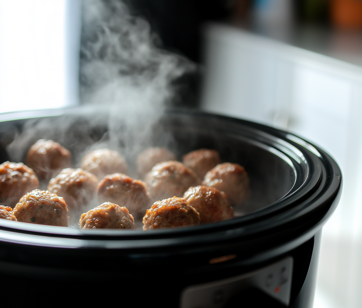 Close-up of the finished Slow Cooker Sweet and Savory Meatballs, with the meatballs glistening in the thick, shiny sauce. The dish is vibrant and appetizing, ready to be served and enjoyed.