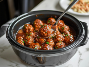 A serving dish on the white marble cooktop with a ladle scooping the sweet and savory meatballs out of the slow cooker, ready to be served.